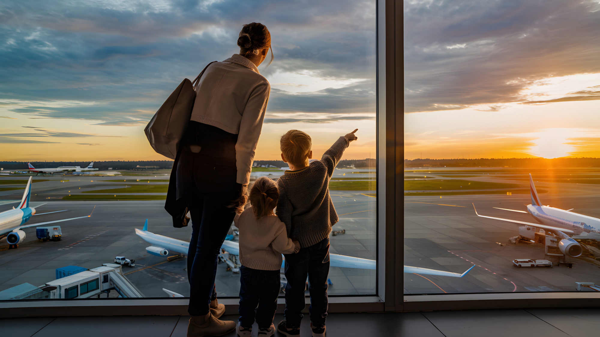 Family Airport Sunset View Airplane Travel Mother Children Watching Departure Golden Hour Plane Journey Kids Trip Vacation Departure Gate Happy Family Traveling Together Air Travel Family Trip sky boy