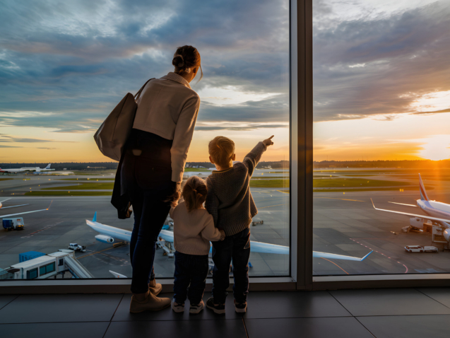 Family Airport Sunset View Airplane Travel Mother Children Watching Departure Golden Hour Plane Journey Kids Trip Vacation Departure Gate Happy Family Traveling Together Air Travel Family Trip sky boy