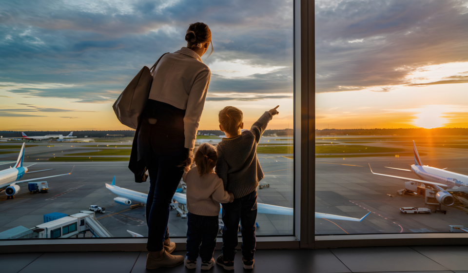 Family Airport Sunset View Airplane Travel Mother Children Watching Departure Golden Hour Plane Journey Kids Trip Vacation Departure Gate Happy Family Traveling Together Air Travel Family Trip sky boy